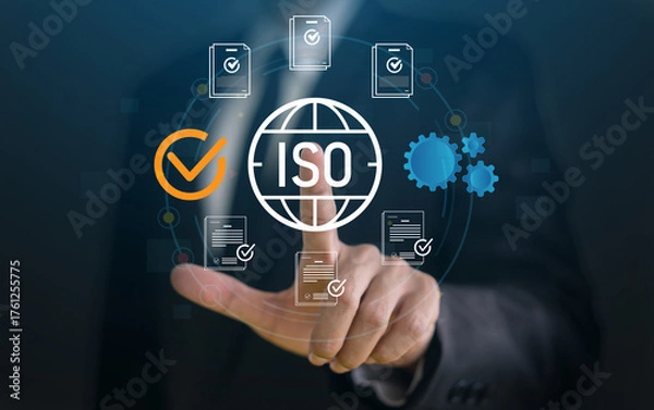 Fototapeta ISO certification process with digital interface, people with virtual icon for quality assurance, international quality standards, compliance and global trust, business accreditation and management