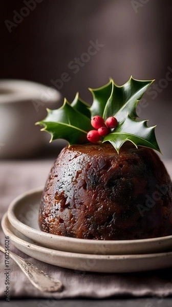 Obraz Christmas pudding with holly and berries on a plate
