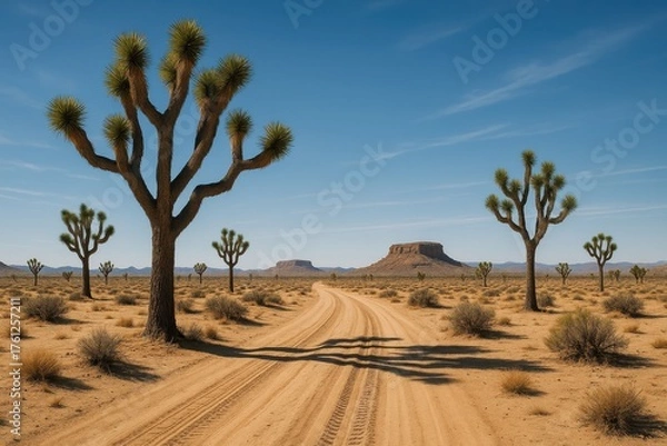 Fototapeta Dusty desert road lined with Joshua trees under vast blue sky leading toward distant mountains evoking freedom adventure and timeless American Southwest spirit