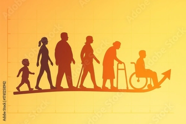 Fototapeta Inclusive silhouettes of all ages over vibrant gradient backdrop symbolizing global life expectancy gains health equity and progress across populations