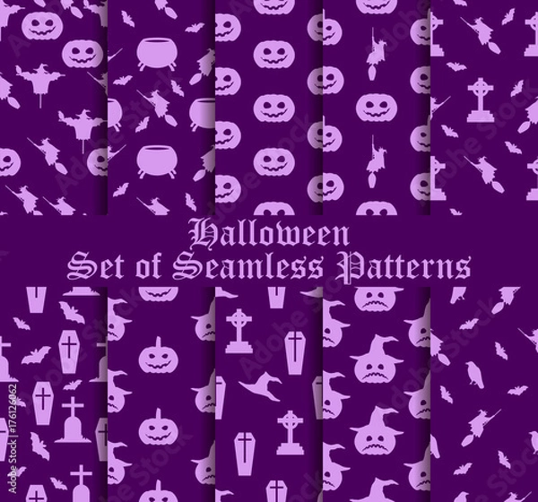 Fototapeta Halloween set of seamless patterns with pumpkins, witches and celebratory symbols. Vector illustration