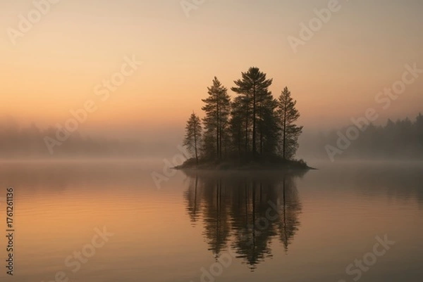 Fototapeta Mystic fog over calm lake with tiny forested island autumn colors and soft pastel sky creating a poetic Scandinavian landscape of quiet reflection