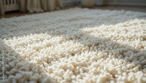 Fototapeta Soft textured cream white shaggy carpet illuminated by natural sunlight in cozy interior