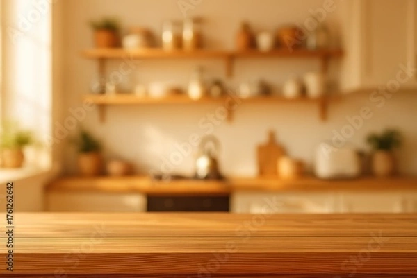 Fototapeta Rustic brown wooden tabletop with blurred cozy kitchen background ideal for food branding recipe promotions and product mockups with warm homestyle atmosphere