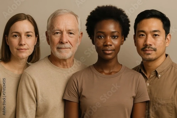 Fototapeta Unified faces portrait celebrating multigenerational and multiethnic diversity in a single horizontal lineup with authentic expressions and cohesive color styling for inclusive campaigns