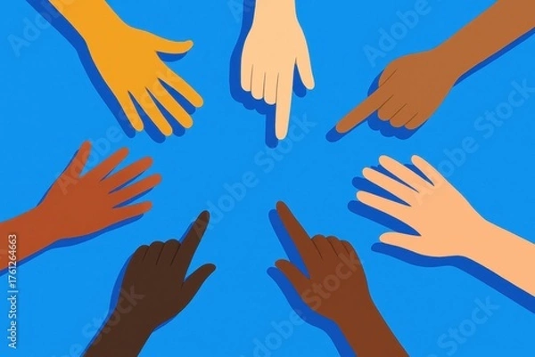 Fototapeta Vibrant hands on bold blue background graphic celebrating help support and human connection in a modern optimistic style for campaigns and posters