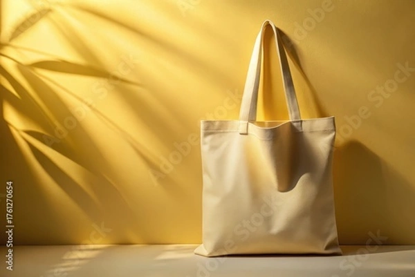 Obraz A light beige fabric tote bag rests against a sunny yellow wall, casting a soft shadow from unseen foliage