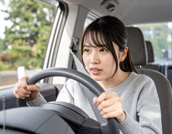 Fototapeta 恐る恐る車を運転するペーパードライバーの若い女性