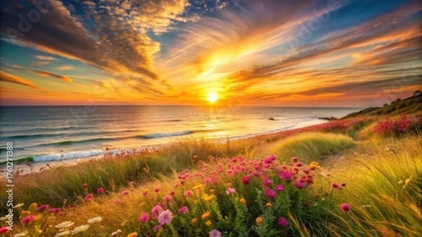 Obraz Golden Hour Coastal Bloom Serene Sunset Over Ocean Waves and Wildflower Meadow