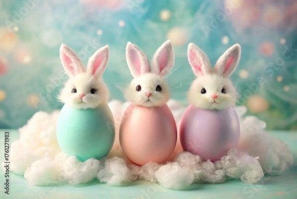 Obraz Three fluffy bunny rabbits peeking from pastel eggs nestled in cotton clouds on a spring background