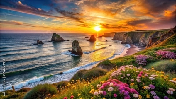 Fototapeta Ocean Sunset Vista Vibrant wildflowers bloom atop a dramatic coastal cliff, overlooking a serene beach and majestic rock formations bathed in the golden hues of a breathtaking sunset.