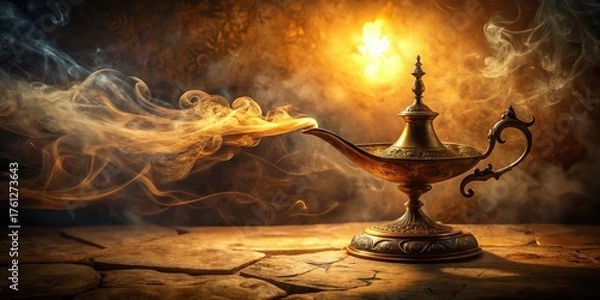 Obraz An Ornate Antique Oil Lamp with Mystical Golden Smoke Emanating from its Spout, Resting on a Rough-Hewn Stone Surface