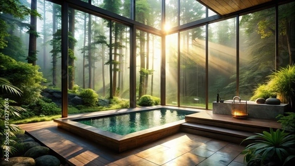 Fototapeta Serene Indoor Plunge Pool with Sunlit Forest View, Offering Tranquil Relaxation and Natural Ambiance