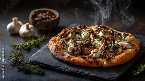 Fototapeta Gourmet Italian Truffle Pizza with Wild Mushrooms and Creamy Cheese