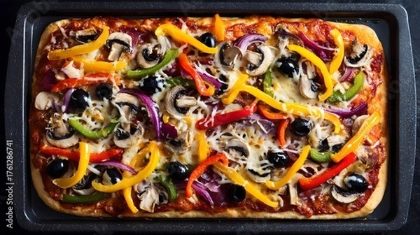Fototapeta Healthy Homemade Veggie Pizza with Mushrooms and Cheese Toppings on Rectangular Tray