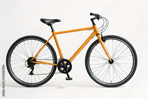 Obraz Bright Orange Bicycle With Black Accessories In White Studio Background, Perfect For Fitness and City Commuting