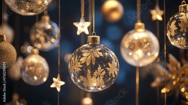Fototapeta 84.A close-up of intricate gold Christmas ornaments, including glass baubles with gold leaf patterns, hanging stars, and golden ribbons, set against a rich dark blue background with soft ambient
