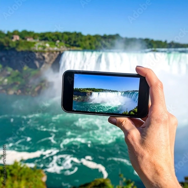 Fototapeta Hand holding phone, photo of Niagara Falls
