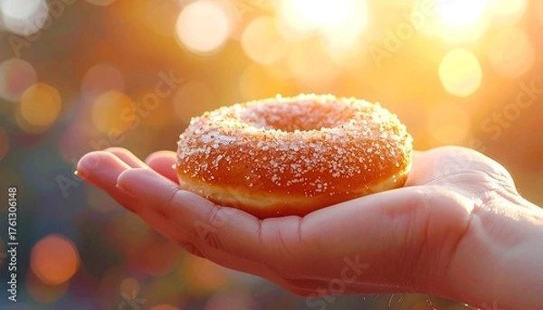Fototapeta Hand holding sugared donut, golden sunlight