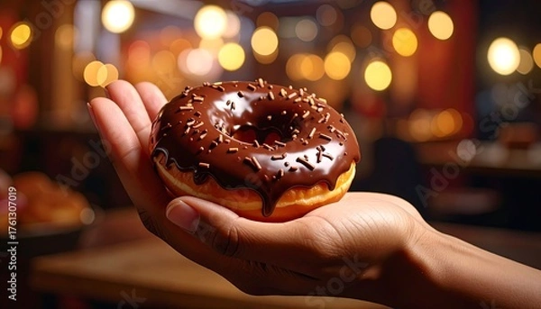 Fototapeta Hand holds chocolate frosted donut