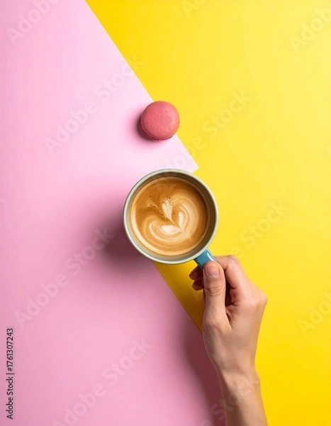 Fototapeta Hand holds coffee cup, macaron on vibrant pink & yellow