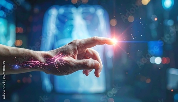 Fototapeta Hand interacts with holographic anatomical model