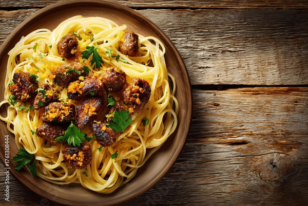 Obraz Pasta with Meatballs on Rustic Wood