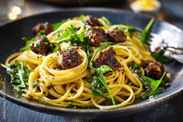 Obraz Linguine with Meatballs and Arugula