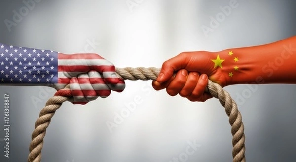 Fototapeta Hands painted with flags pulling rope in tug of war concept representing us china relations tension