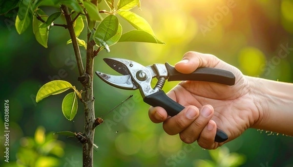 Fototapeta Hand pruning a young tree branch