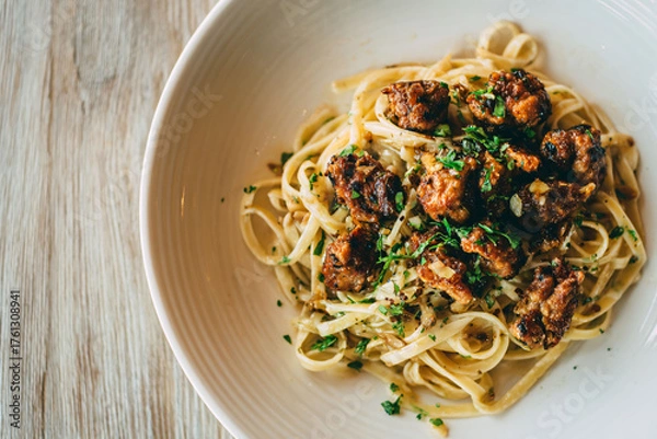 Obraz Pasta with meat sauce in a white bowl