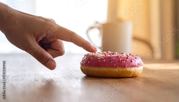 Fototapeta Hand reaching for a pink glazed donut