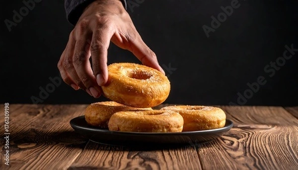 Fototapeta Hand reaching for sugared donut on dark plate
