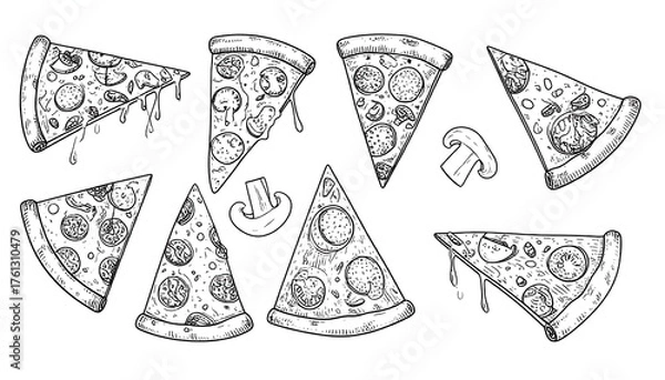 Fototapeta Hand-drawn pizza slices, various toppings