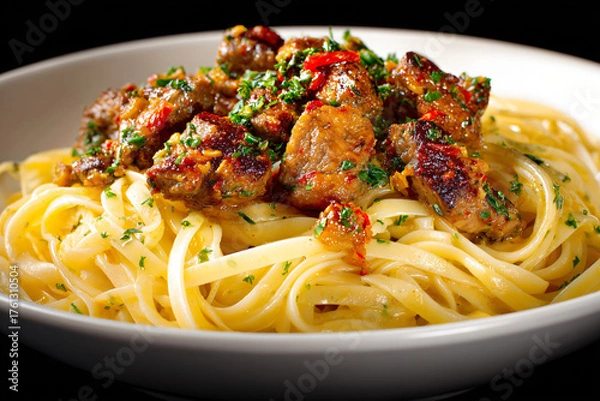 Obraz Linguine with Meat Topping in White Bowl