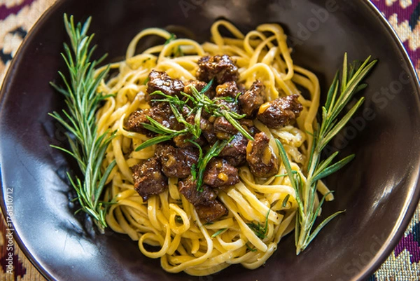 Obraz Pasta with braised beef and rosemary garnish