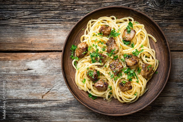 Obraz Spaghetti with Meat and Herbs on Wooden Table