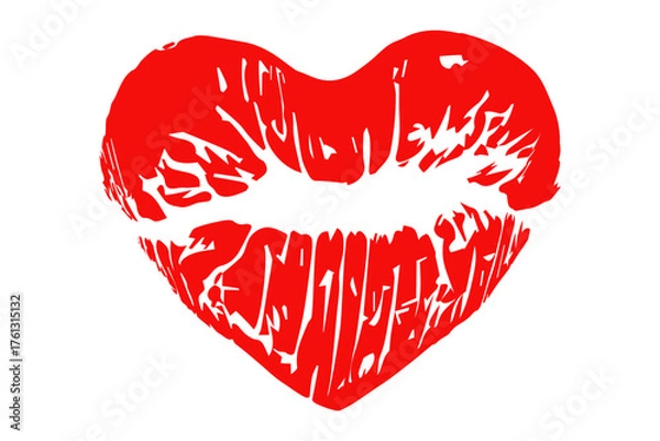 Fototapeta Red lipstick kiss symbol in a heart form isolated on a white background