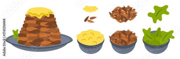 Fototapeta Vector cartoonish food dishes of pudding  with ingredient dish and isolated spices of almond, butter icing and mint leaves