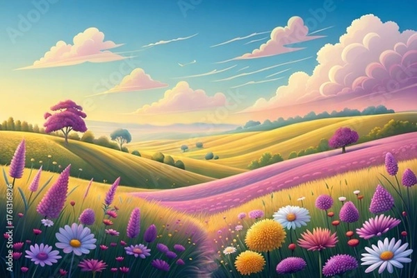Obraz Colorful Wildflower Meadow with Rolling Hills and Blue Sky Summer Landscape illustration.