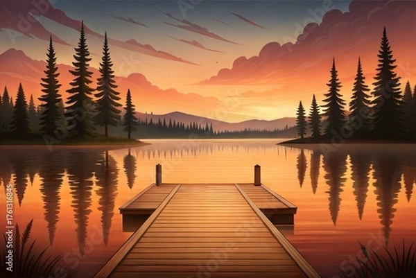 Fototapeta Peaceful Lakeside Sunset with Wooden Dock and Pine Tree Reflections illustration.