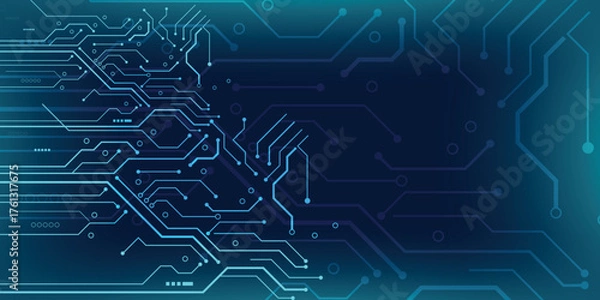 Fototapeta Futuristic blue PCB circuit board technology background with digital connections.