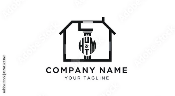 Fototapeta Classic house and pillar logo with HTM monogram initials.