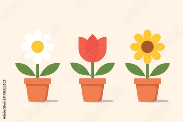 Obraz Flat Flower Pots Vector Illustration with Daisy Tulip and Sunflower