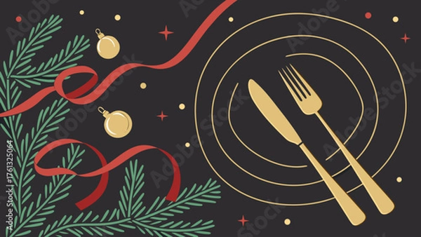 Obraz Festive holiday table setting with ornaments ribbon and evergreen branches on a dark background scene