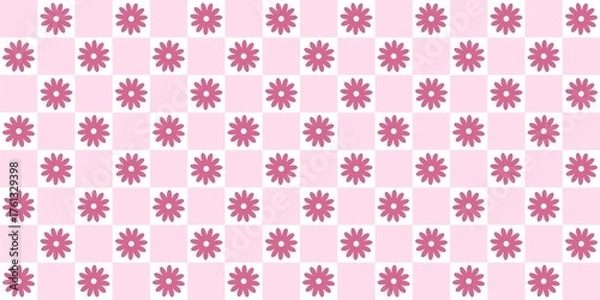 Fototapeta Pink and white checkerboard background with repeating pattern of magenta flowers. Ideal for spring, cute, or feminine design themes and digital paper projects.
