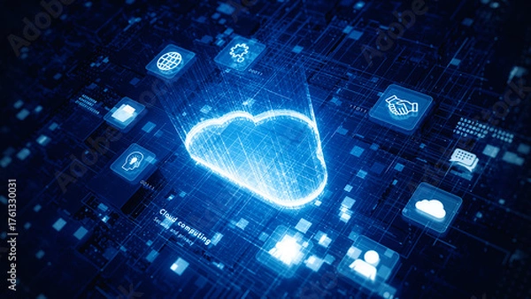 Obraz 3D render of a glowing cloud icon on digital circuit board background, symbolizing cloud computing, data storage and digital connectivity. Technology abstract background, 3d Rendering