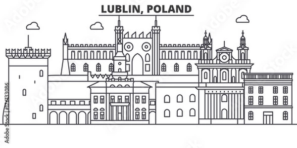 Fototapeta Poland, Lublin architecture line skyline illustration. Linear vector cityscape with famous landmarks, city sights, design icons. Editable strokes