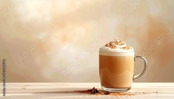Obraz ナチュラルウッドと温かなチャイラテが調和する落ち着いたシーン