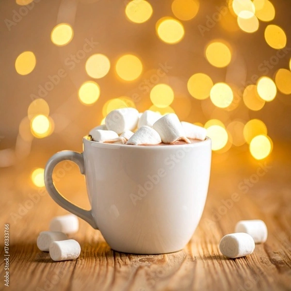 Fototapeta 木のテーブルにマシュマロ入りココア 白いカップと黄金の背景ライト